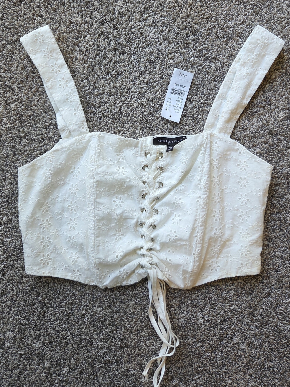 Kendall & Kylie Ivory Eyelet Lace-Up Crop Tank